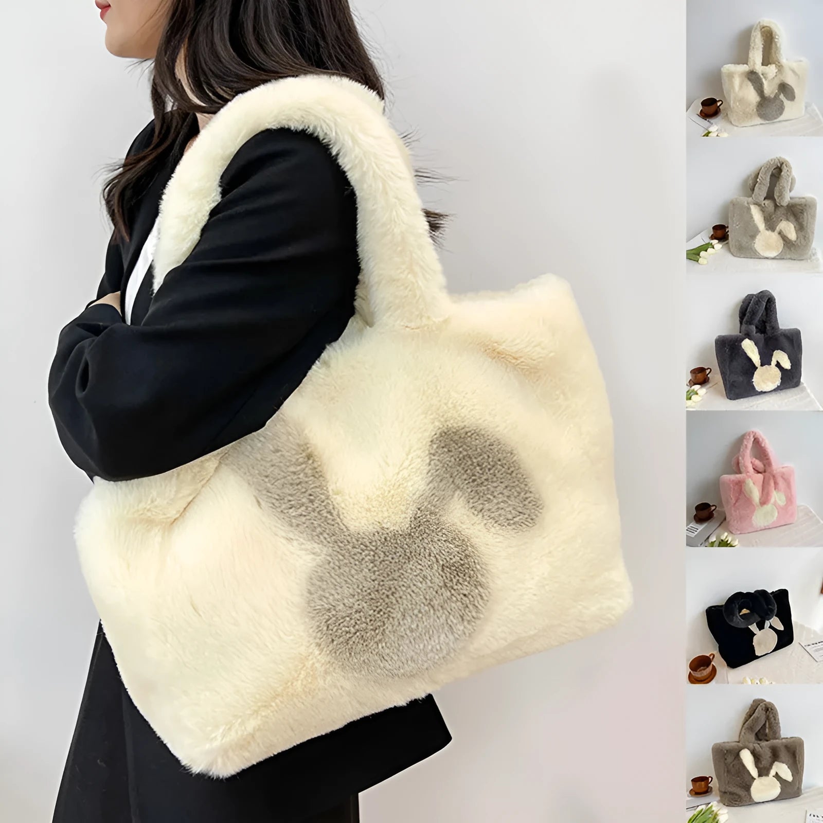 Cartoon rabbit ears plush shoulder bag in various colours showing large capacity tote design