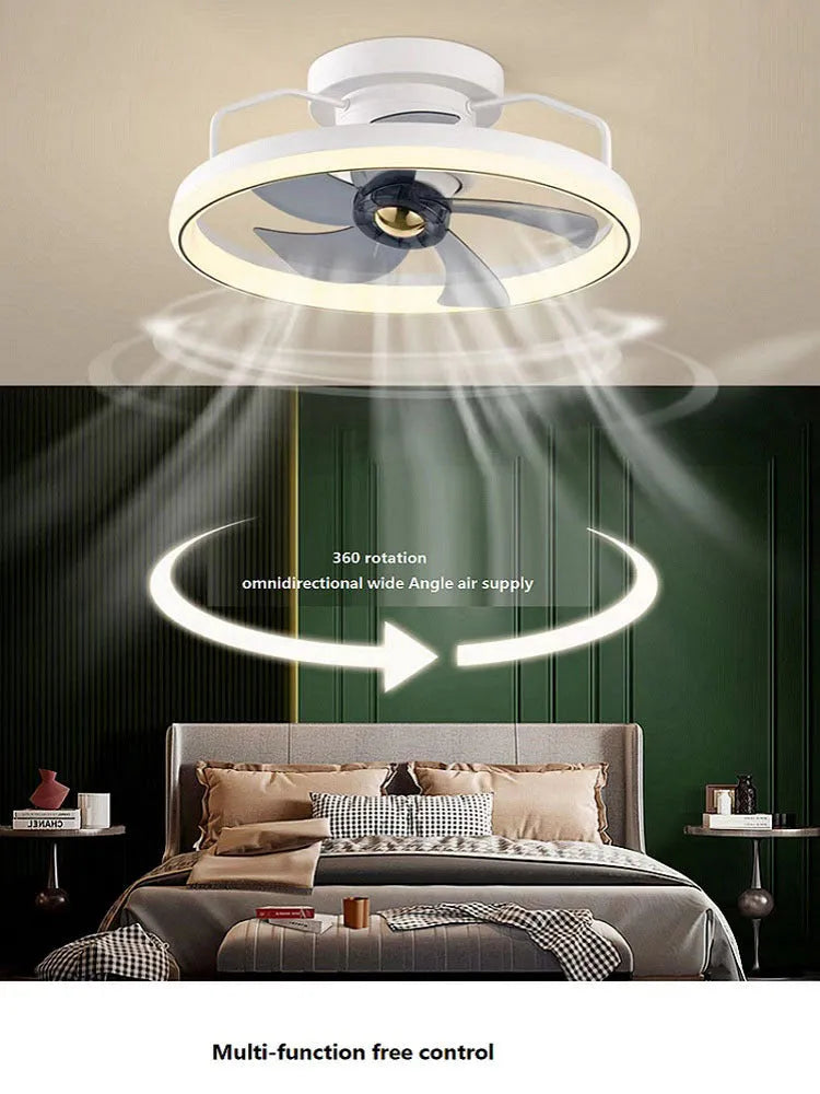 Modern white ceiling fan with integrated light and five blades, shown installed on a ceiling.