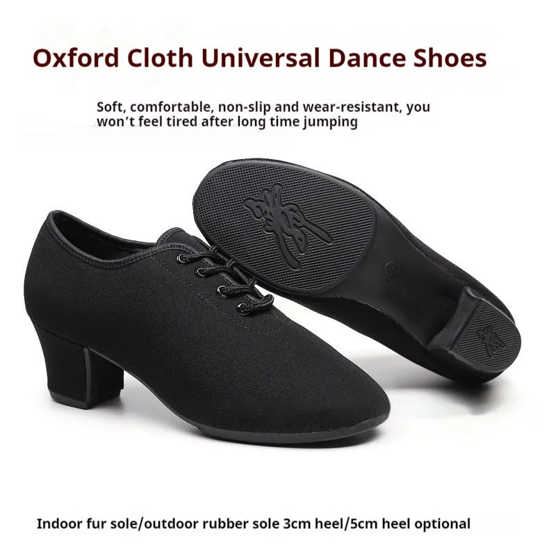 Black Oxford cloth men's dancing shoes with middle heel, rubber sole, front view