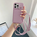 Lychee pattern frosted imitation leather lanyard phone case with beauty mirror and card slots