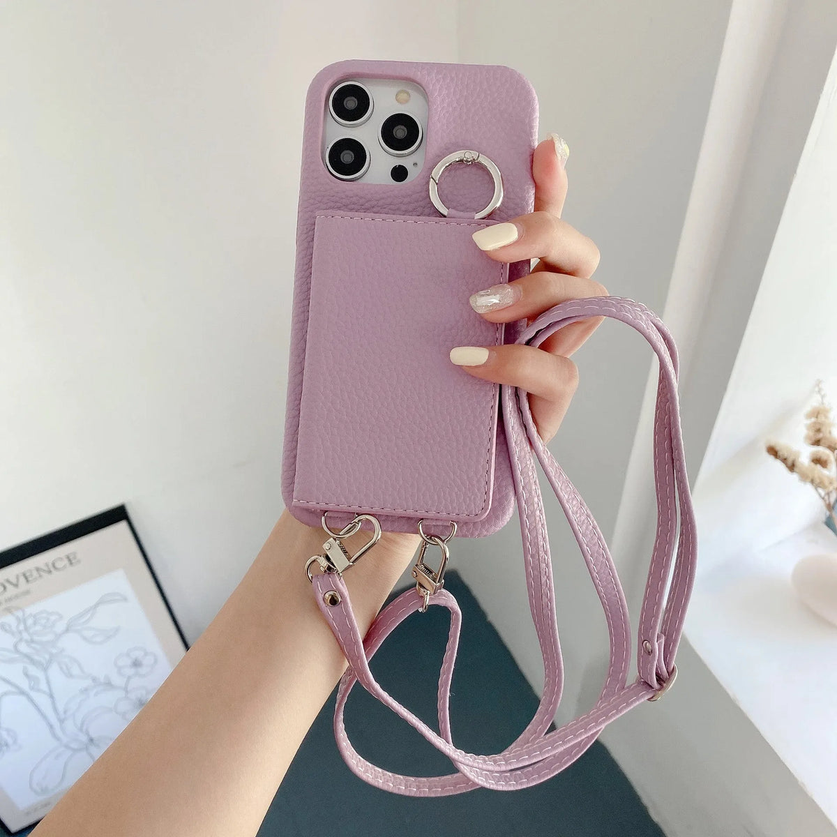 Lychee pattern frosted imitation leather lanyard phone case with beauty mirror and card slots
