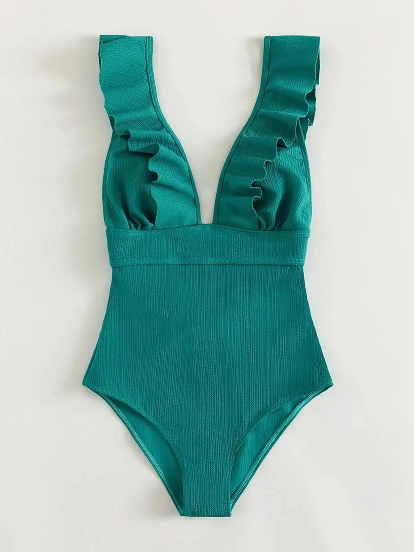Black one-piece swimsuit for women with ruffled shoulder straps and decorative lace across the back.