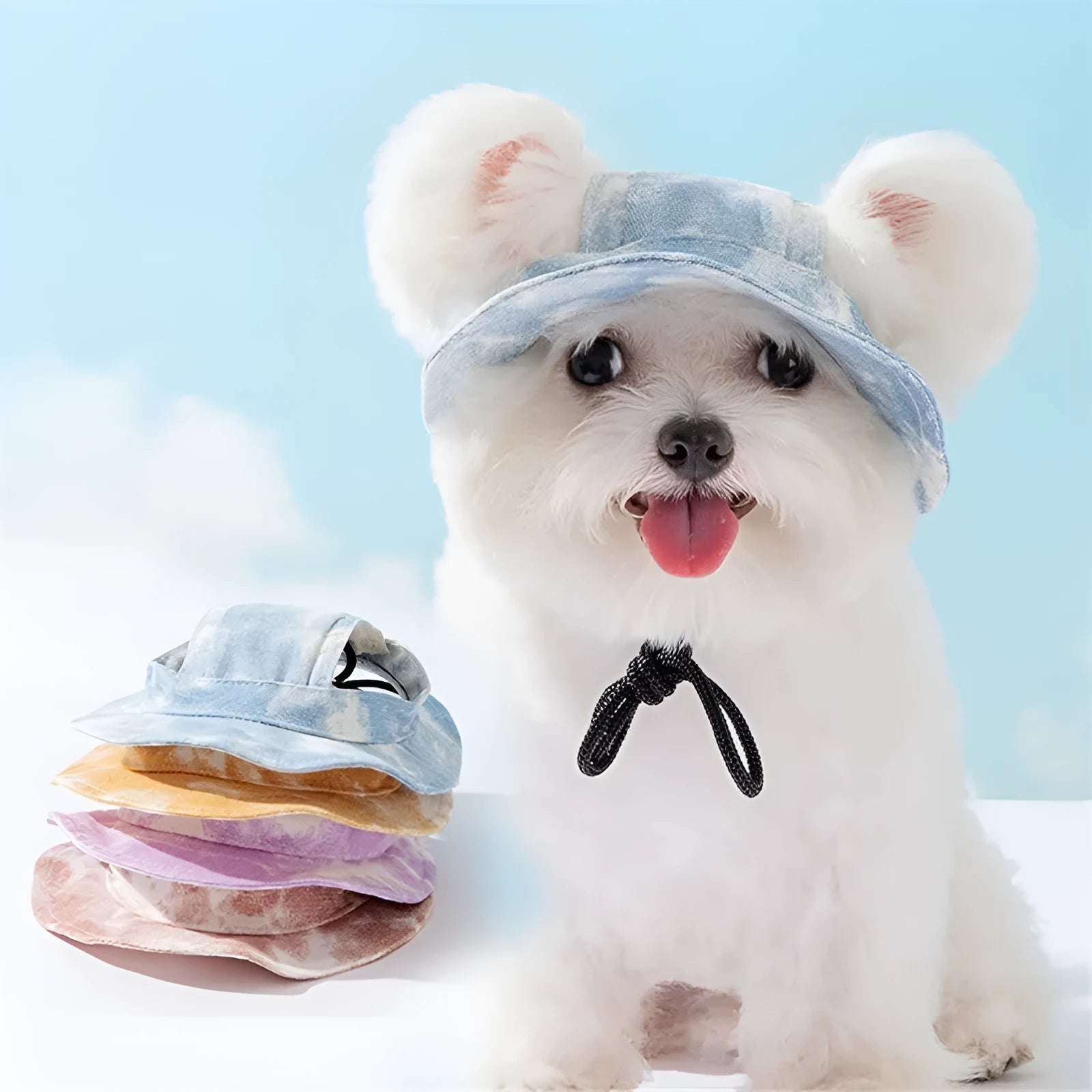 Pet hat with ear holes in blue for small dogs, with adjustable chain rope and tie-dye pattern