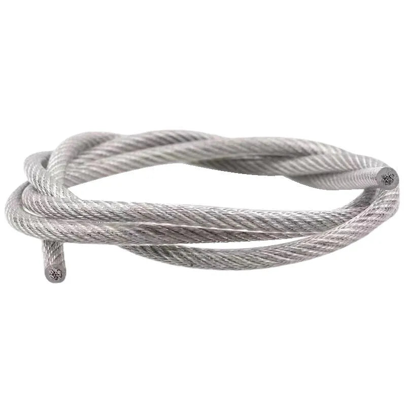 Close-up of a coiled 304 stainless steel coated security cable with double twist multi-strand construction.