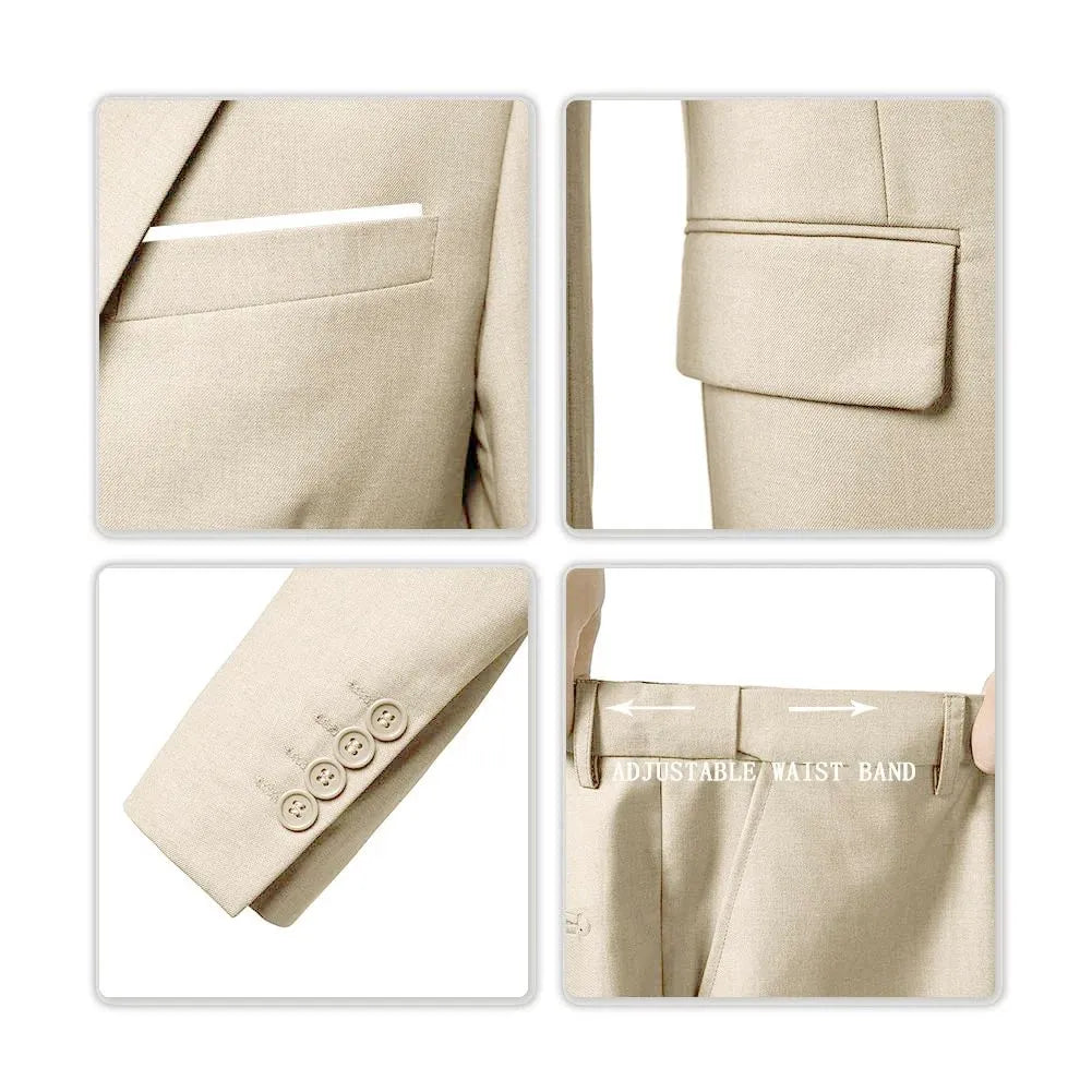Brand Classic Men three-piece slim fit suit with polo collar in beige, showing blazer, vest, and trousers
