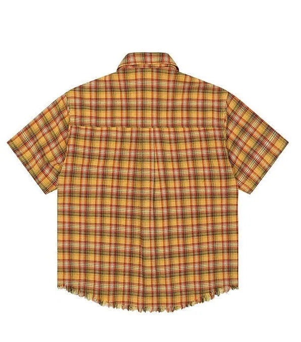 Yellow plaid short sleeve shirt with embroidered pocket detail in loose fit style