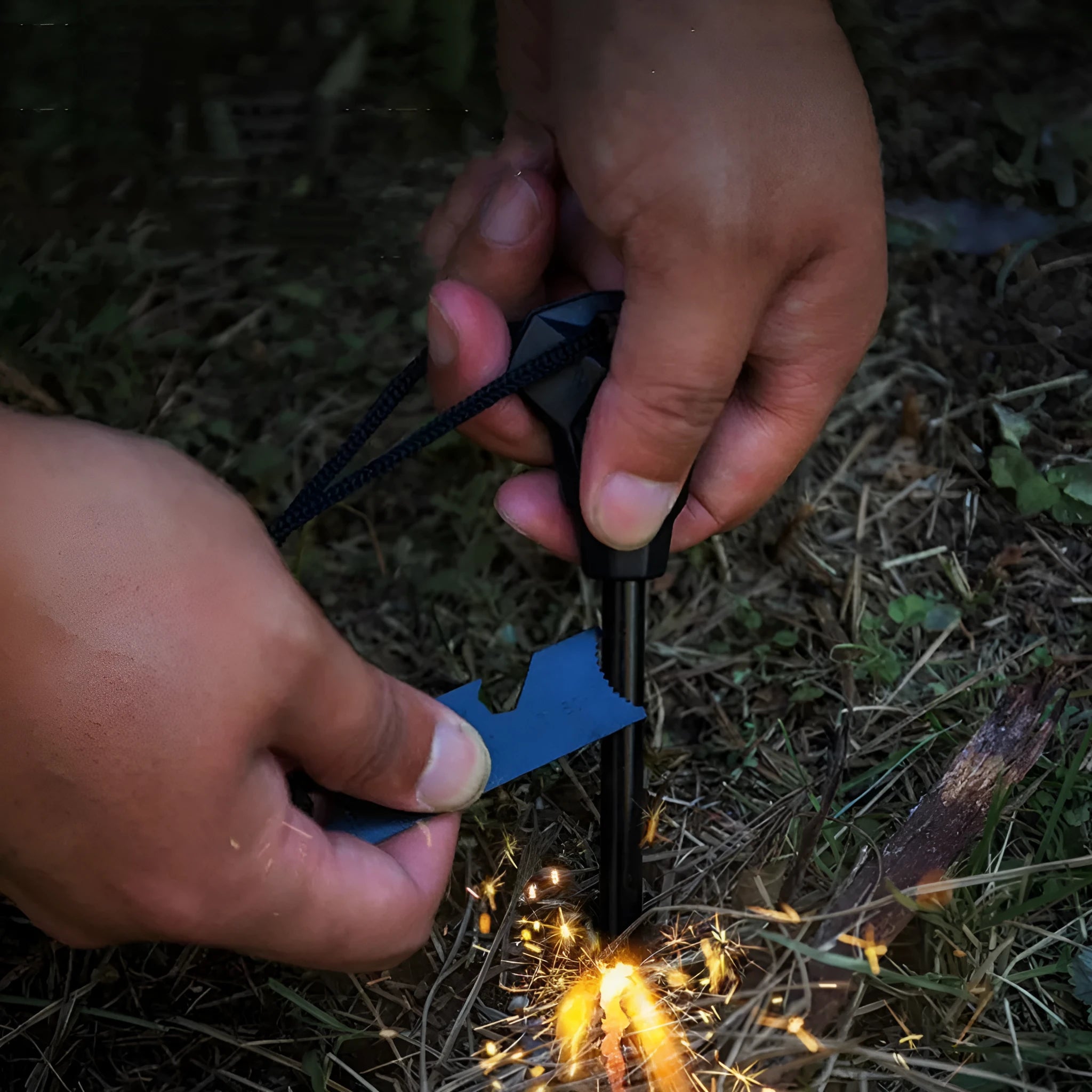 Black outdoor multifunctional survival flint with magnesium rod and stainless steel scraper tool.