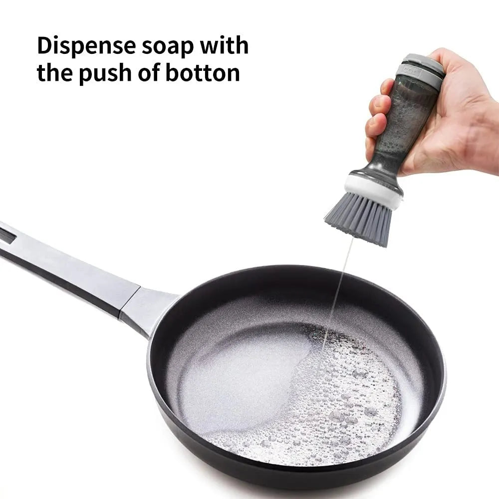 Pot and dish brush with integrated soap dispenser and replaceable brush head in mint green