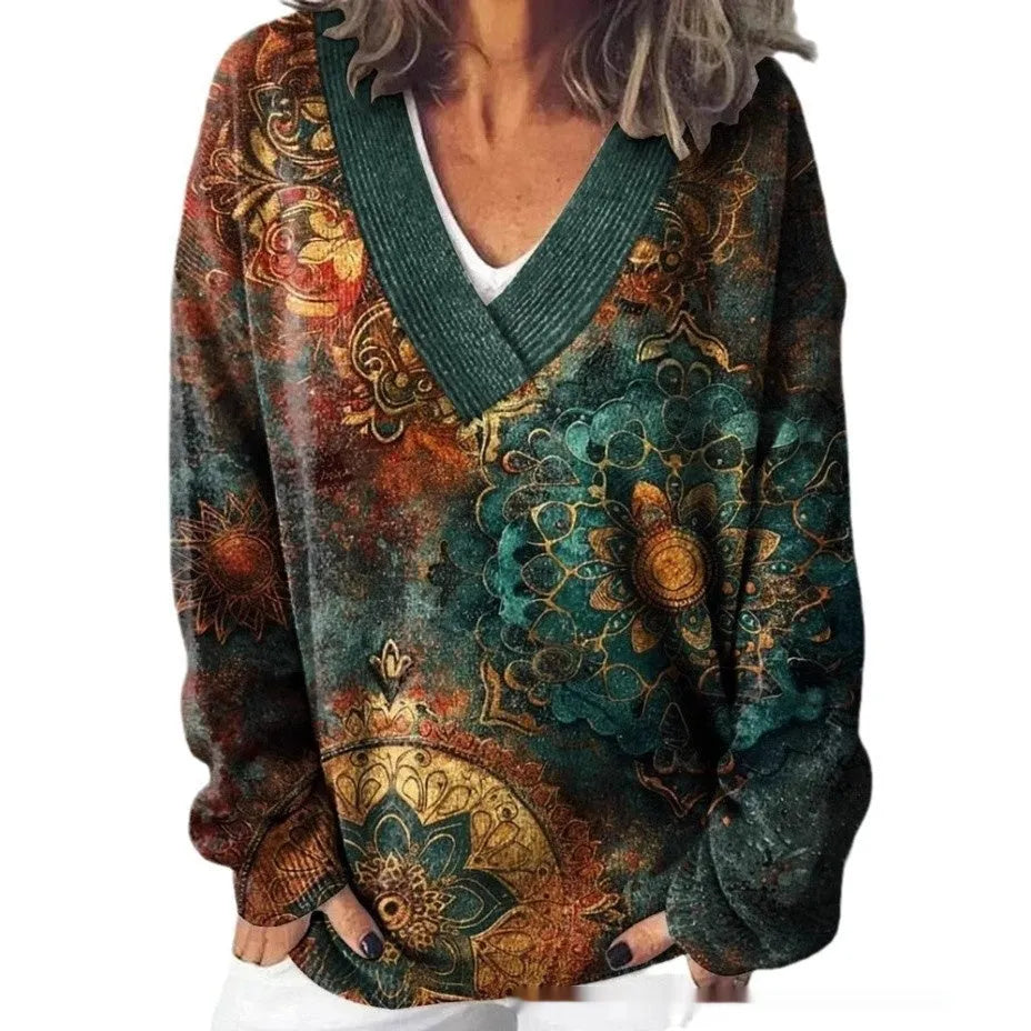 Women's v-neck long sleeve sweatshirt with a raised 3D floral pattern print in multiple colour options