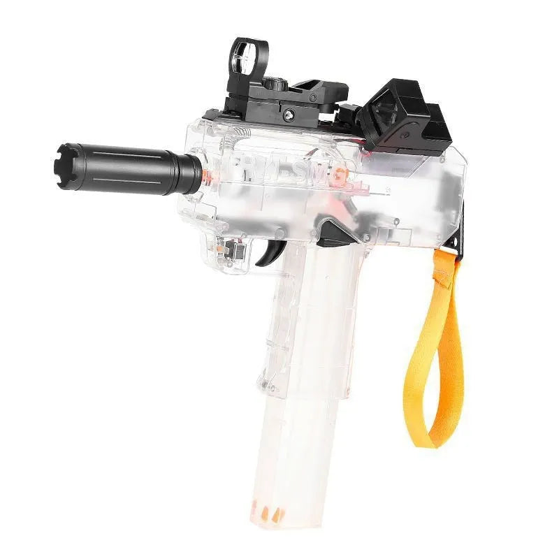 Electric children's water gun with transparent body showing water level, in blue colour with attached accessories.
