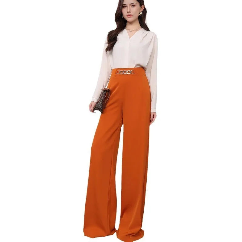 Solid colour drape wide leg pants for women in straight-leg polyester fabric with micro elastic waistband