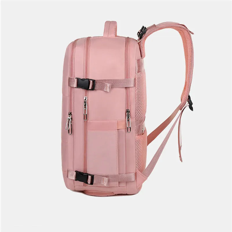 Large purple travel backpack with laptop compartment and air pillow shoulder straps shown open to reveal internal organisation pockets.