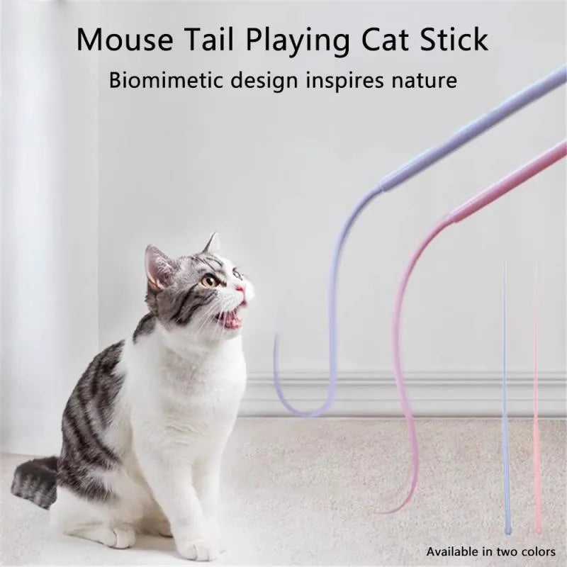 Simulated mouse tail cat toy with blue silicone tail and cat head handle