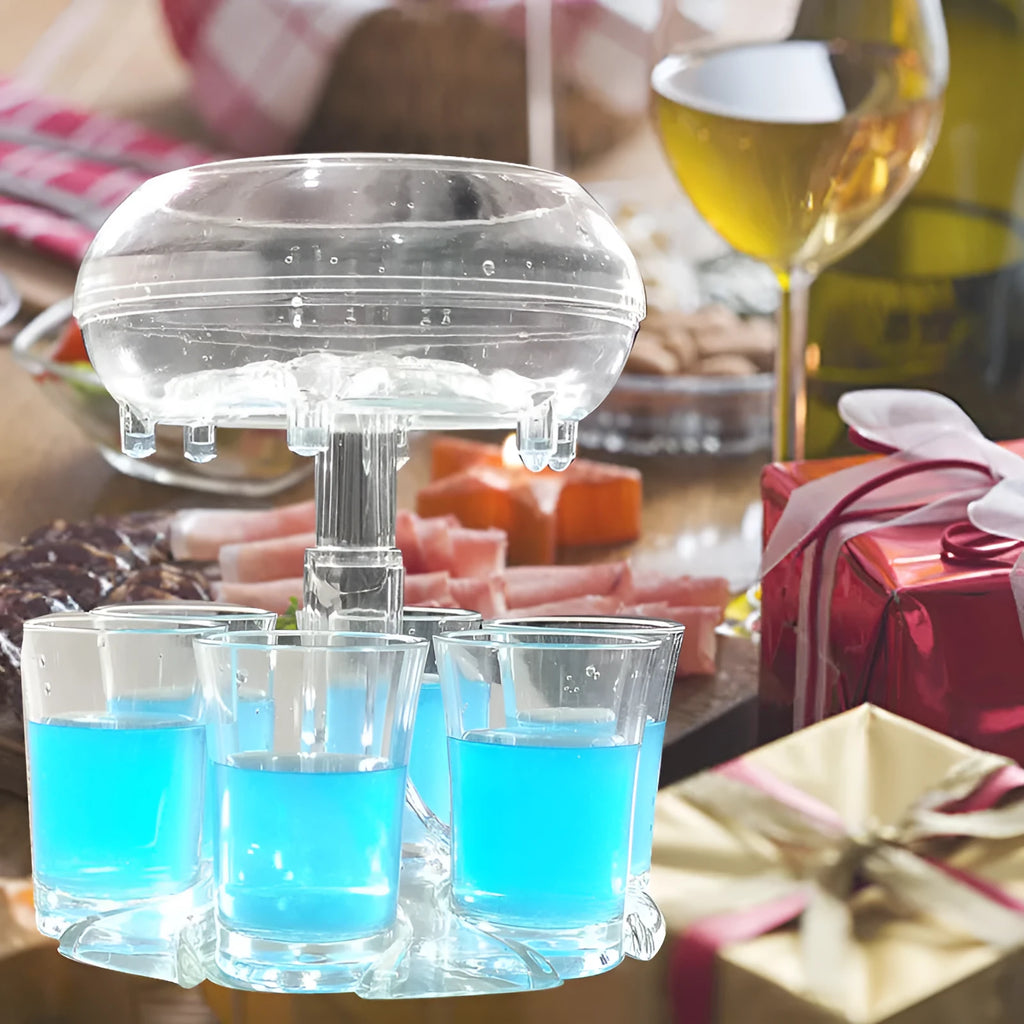 Transparent six-shot glass dispenser holder with goblet shape and six cups