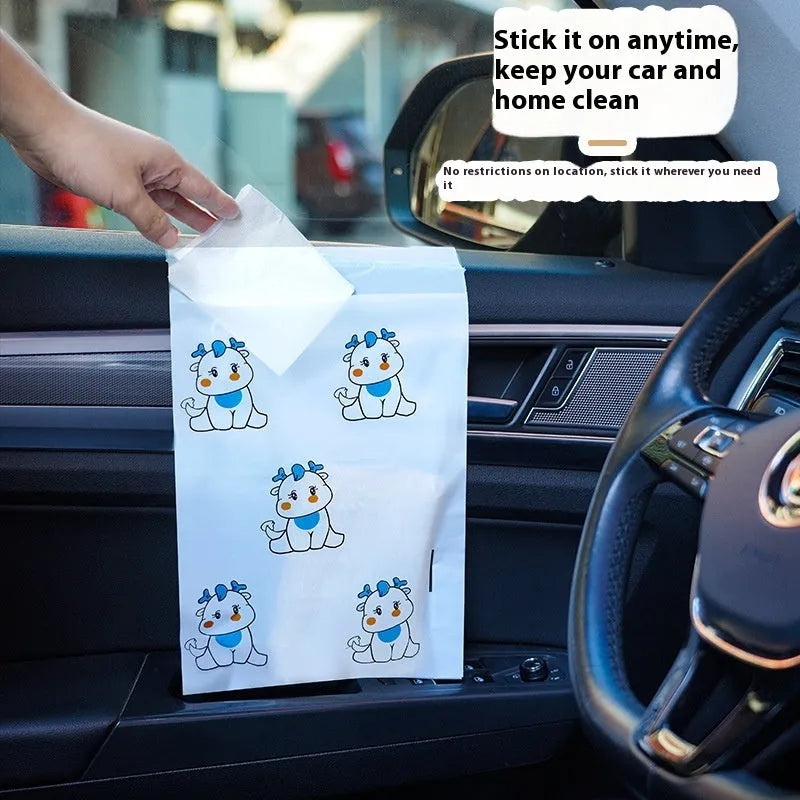 PE car trash adhesive clean bag with green foot dragon design stuck on car door panel