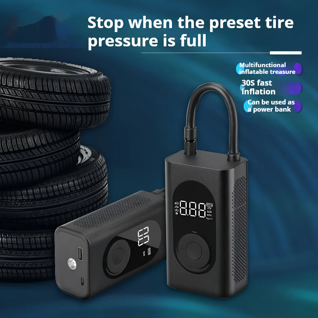 Handheld wireless tyre pump with digital display, air hose, USB cable, and LED flashlight.