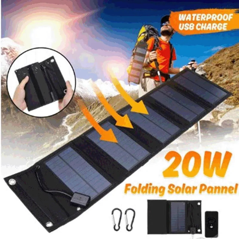 30W foldable solar charger with SunPower cells and dual USB outputs on camouflage fabric surface