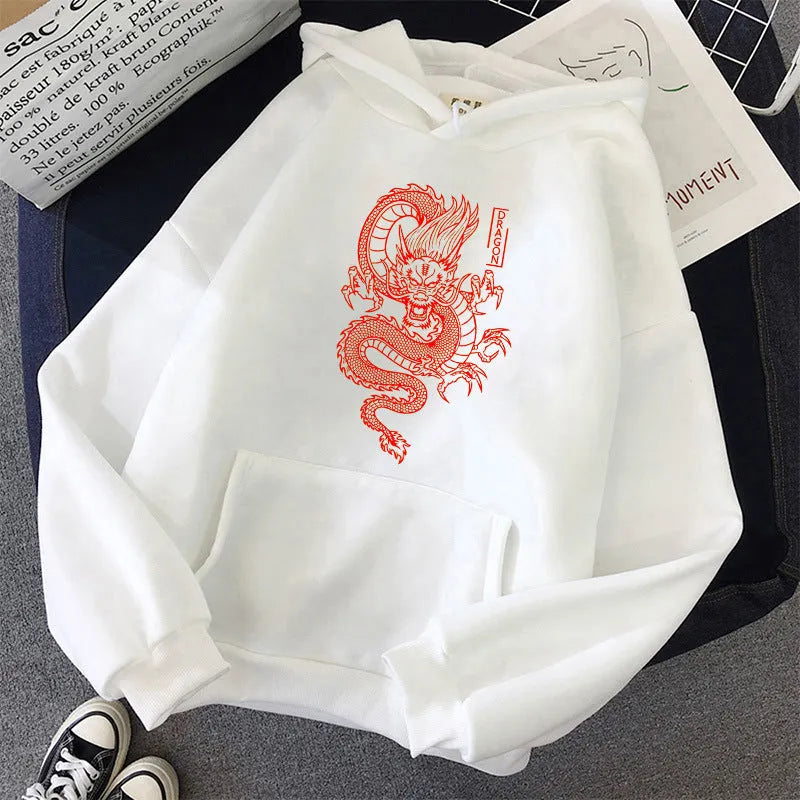 Men's dragon pattern pullover hoodie with wool lining and polyester fabric, colour B, adult male streetwear style