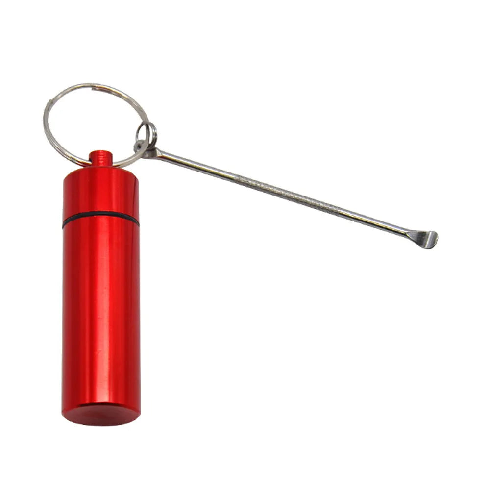 Aluminium portable medicine storage bottle with keychain and spoon in multiple colour options.