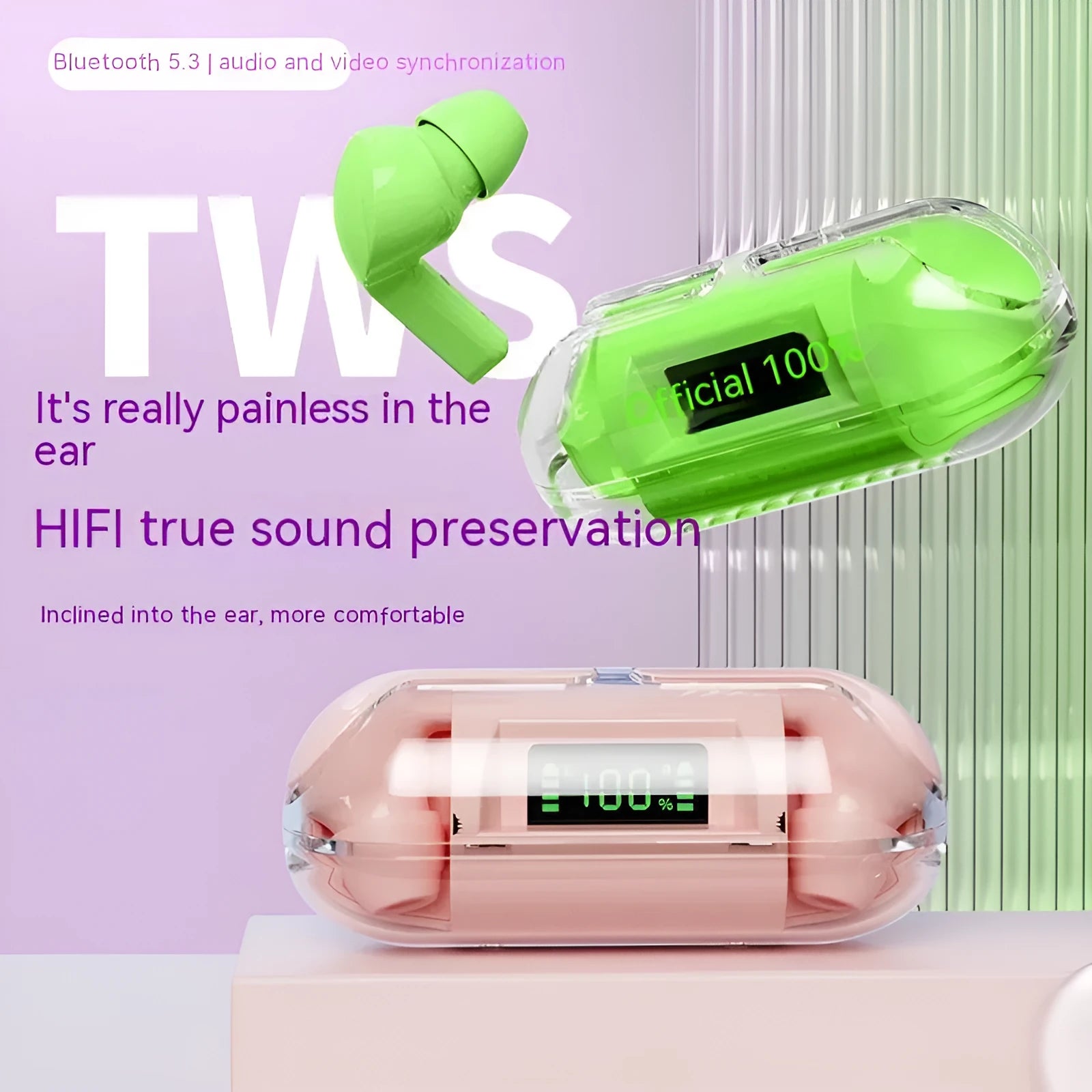 Transparent wireless Bluetooth earbuds with digital display charging case in neutral box colour options.