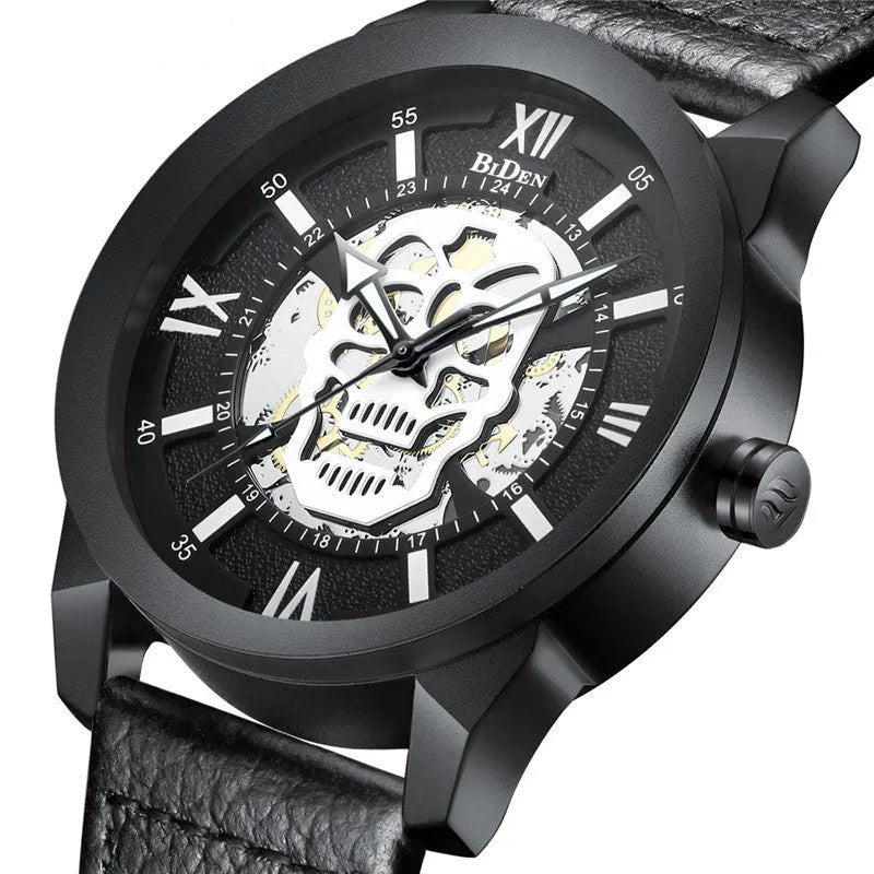 Biden men's hollow case quartz watch with calendar on dial, shown with black and brown leather strap options.