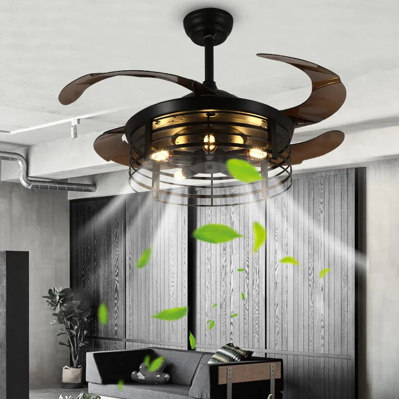 42-inch industrial style ceiling fan light with acrylic shade and remote control on a white background.