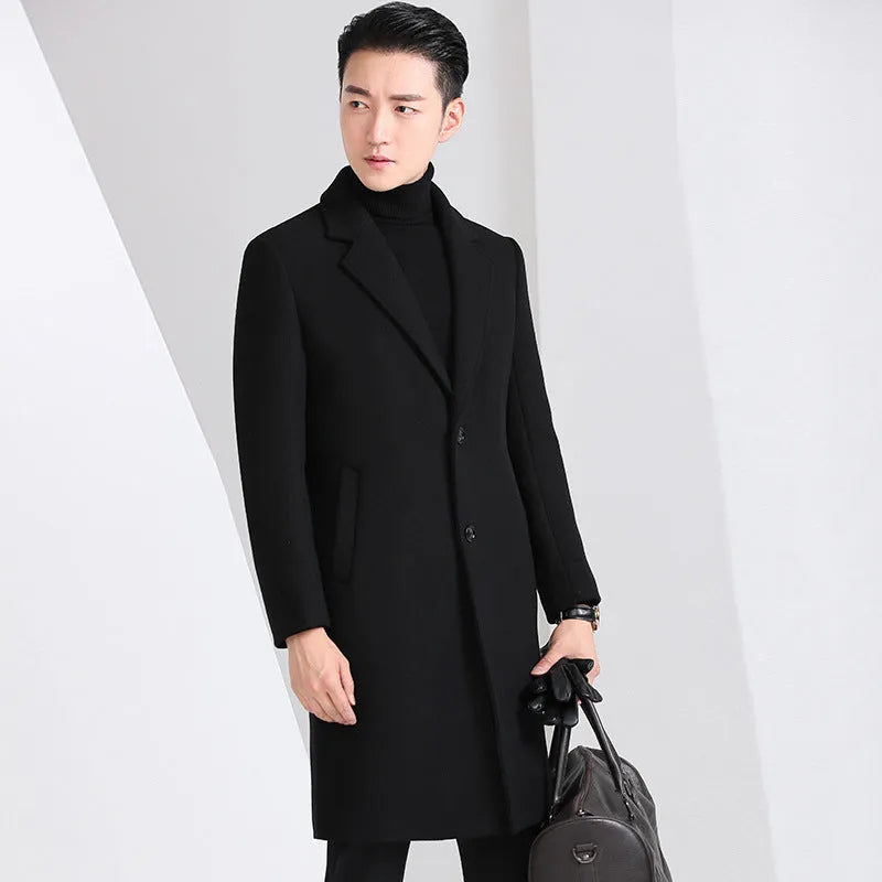Men's slim-fit Korean-style mid-length wool coat in black, grey, navy blue, and wine red solid colours with side seam pockets