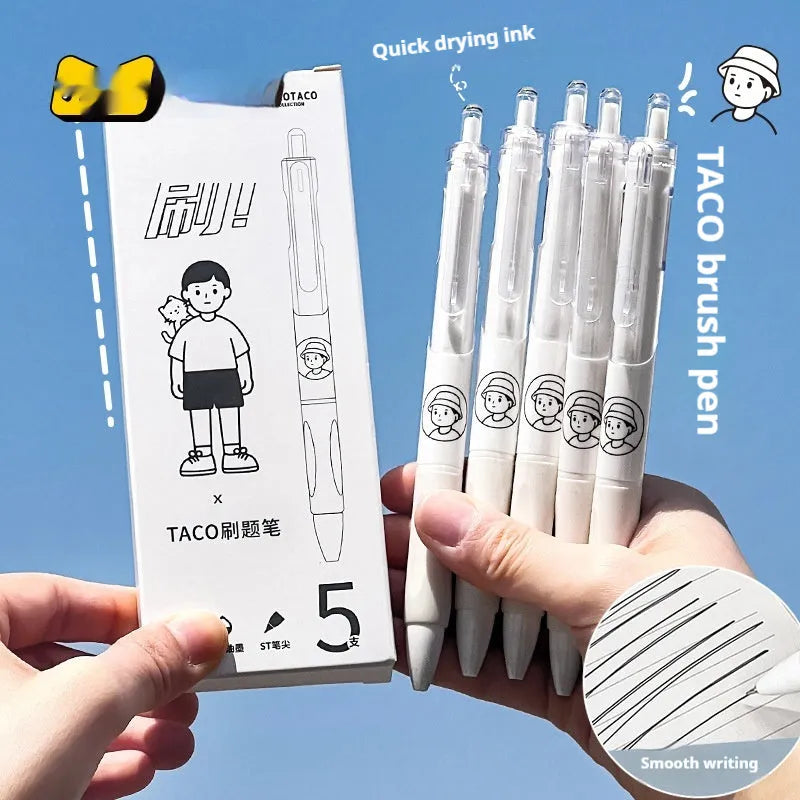 Five neutral black Taco Series student ballpoint pens with 0.5mm tips and quick-drying ink