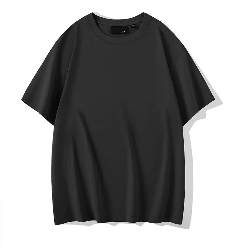 Cotton solid colour round neck casual T-shirt with drop shoulder sleeves in loose fit
