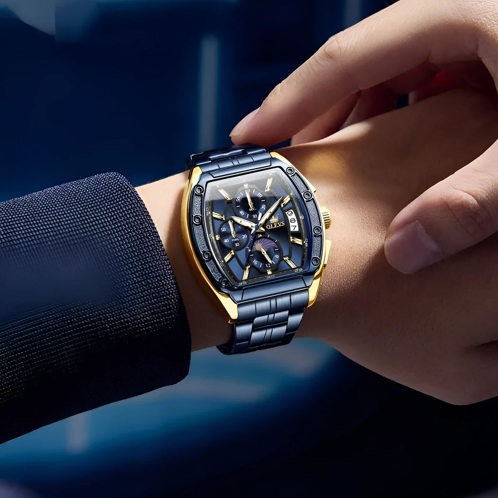Men's steel belt quartz watch with blue dial, luminous hands, moon phase, and calendar