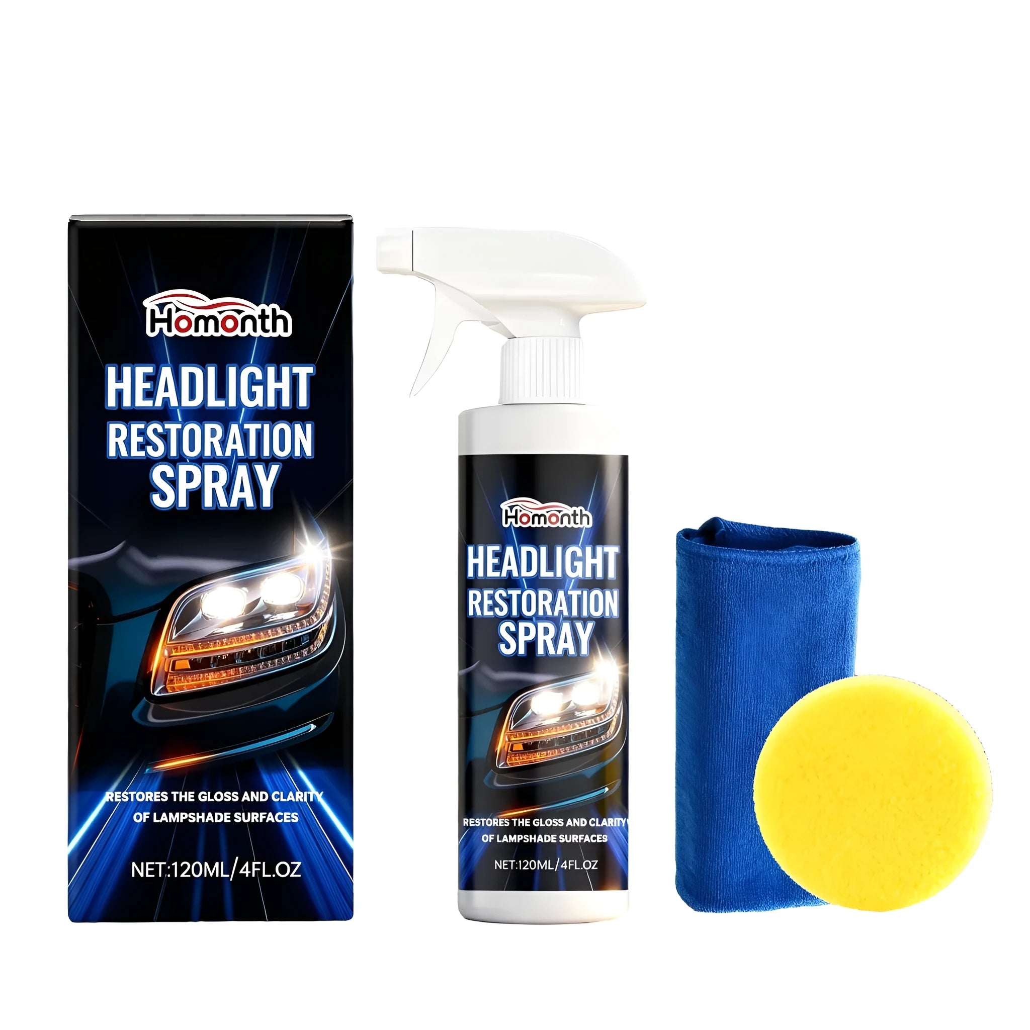 HOMONTH 120ml headlight restoration spray bottle with sponge and microfibre towel