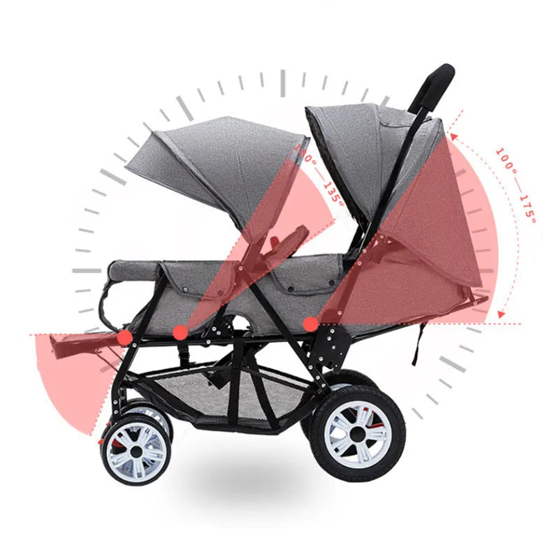 Lightweight double stroller with front and rear seating, folding design, in advanced gray colour