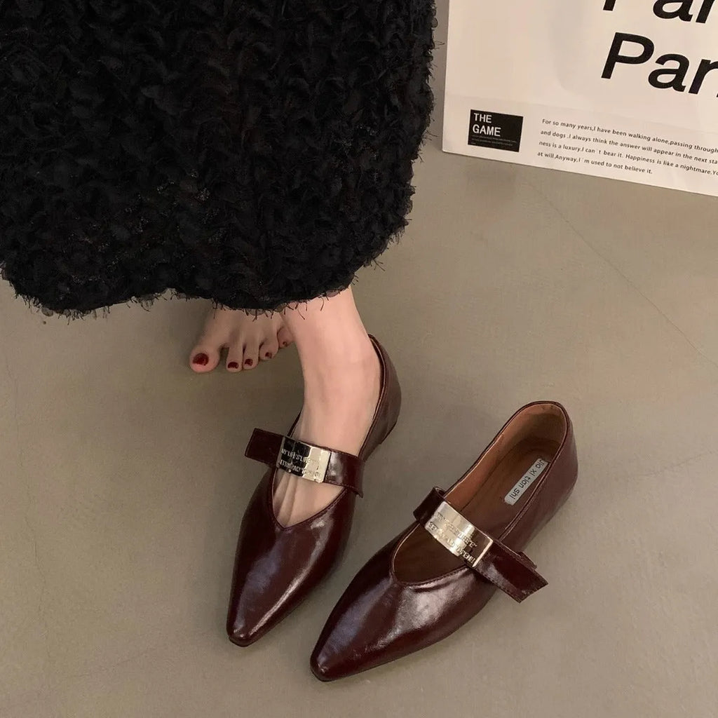 Women's silver finish pointed toe Mary Jane shoes with buckle fastening and low flat heel