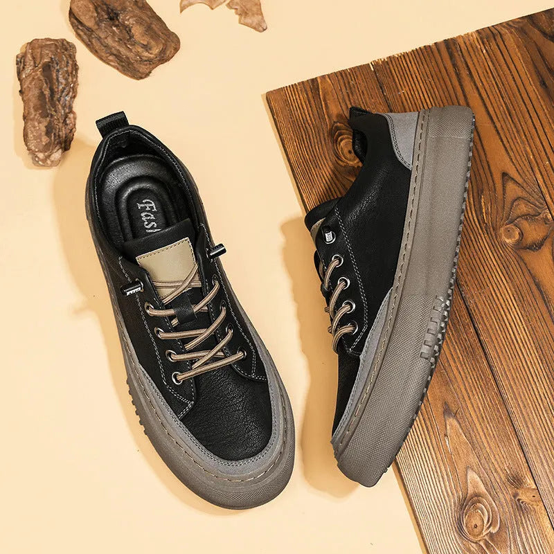 Men's round toe board shoes in black with lace-up front and rubber sole