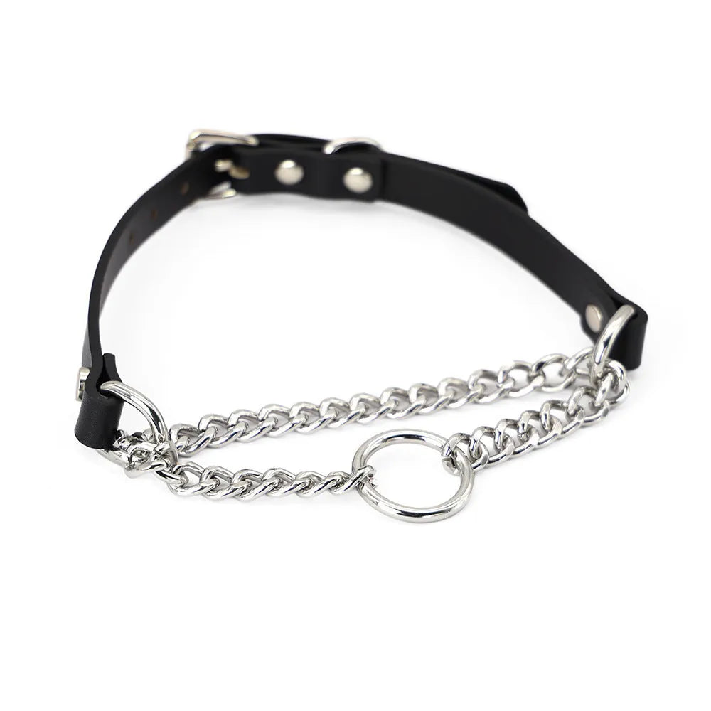 Black cowhide leather punk collar with hand grip rope adjustment and matching leash