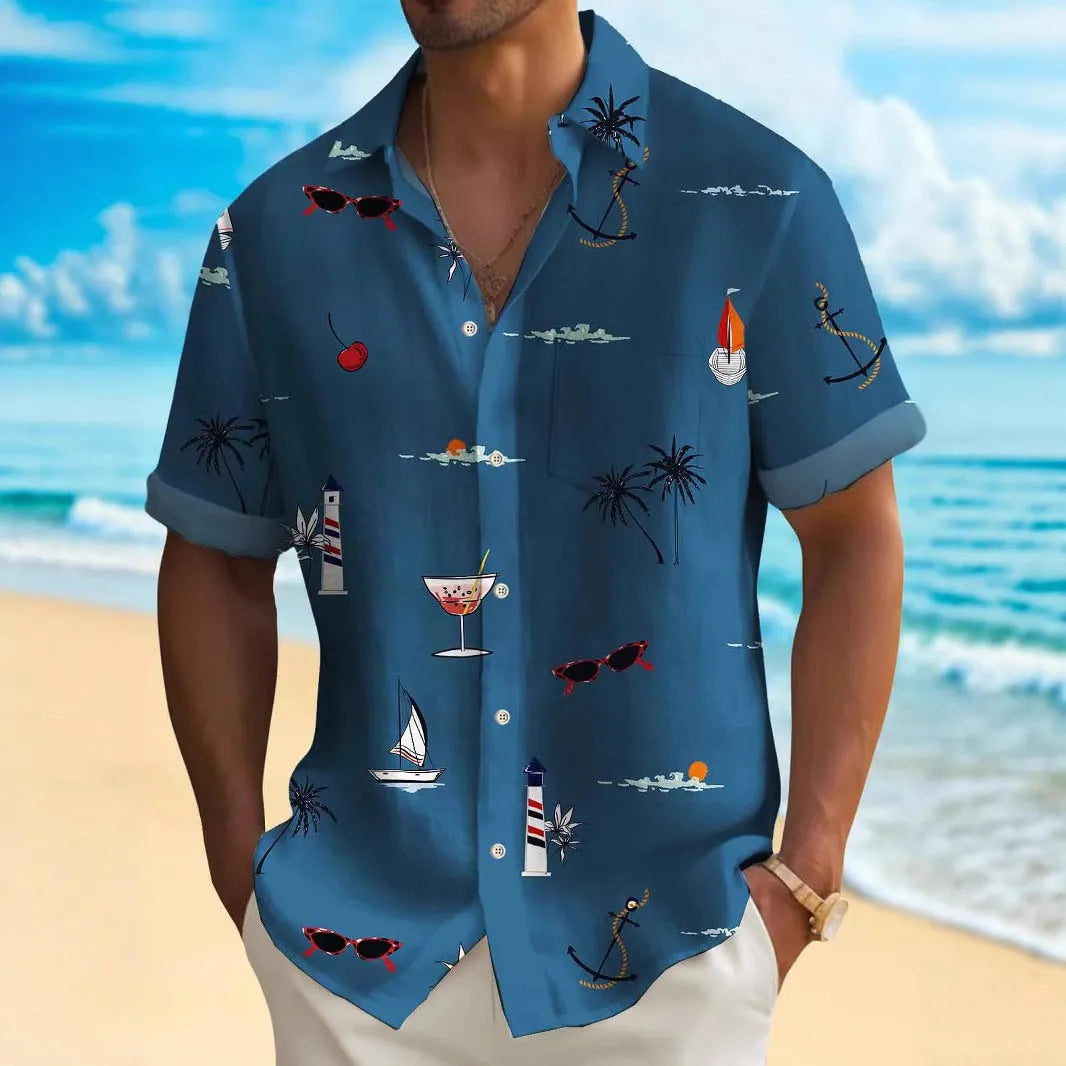 Man wearing a loose-fit Hawaiian shirt with a digital printed pattern, short sleeves.