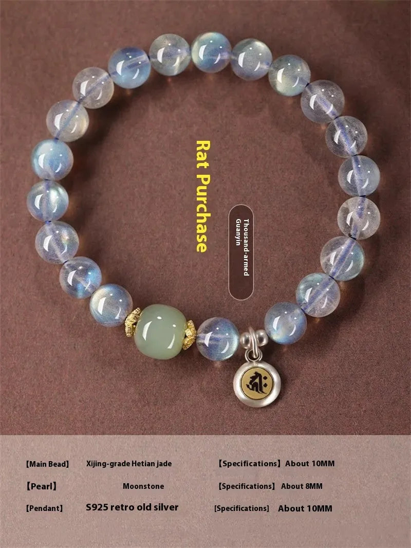 Moonstone women's bracelet with 8mm beads showing Thousand-Hand Kwan-yin mouse zodiac design and electroplated metallic finish