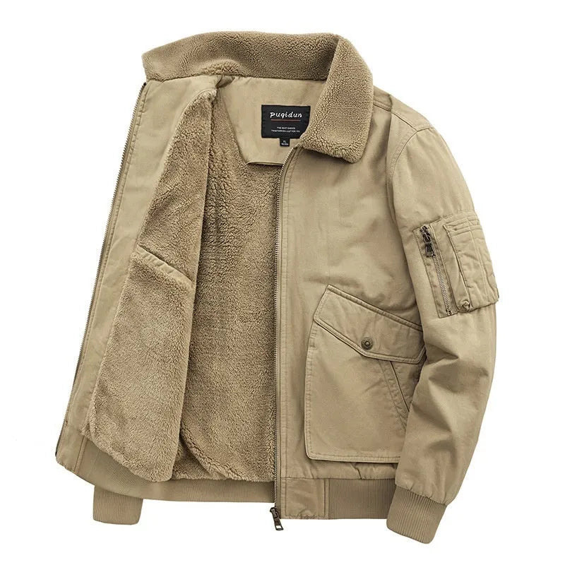 Men's winter cotton-padded fleece jacket in khaki, loose fit, sizes M to 5XL