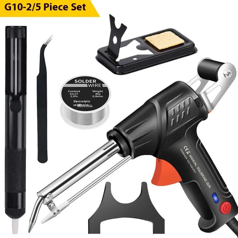 Black LED light soldering gun kit with alloy body measuring 205 × 170mm on workbench
