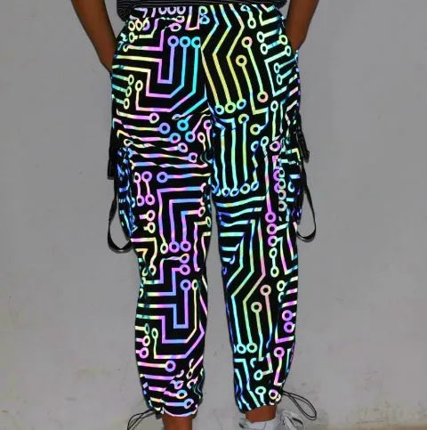 Black hooded reflective jacket for dance, polyester fabric, straight hem, front view on model
