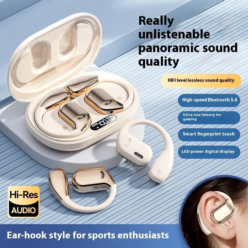 Noise reduction sports ear hook headphones in black or skin colour with Type-C charging and 15 metre range.