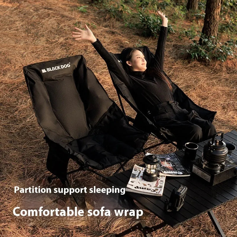 Night black portable folding camping recliner chair with a thickened seat in a moon chair style.