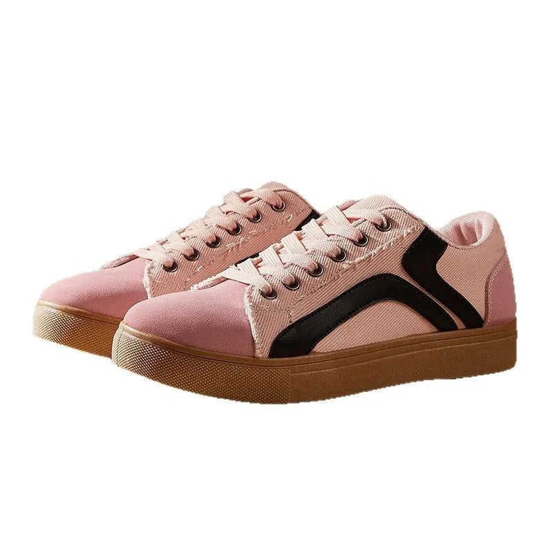 Women's canvas low top skateboard shoes with colour block sewing thread detail, beige brown colour, flat heel, front lace-up