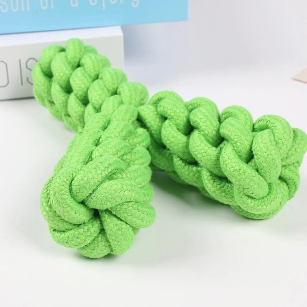Blue Y-shaped cotton rope dog chew toy for large dogs shown with measurement scale