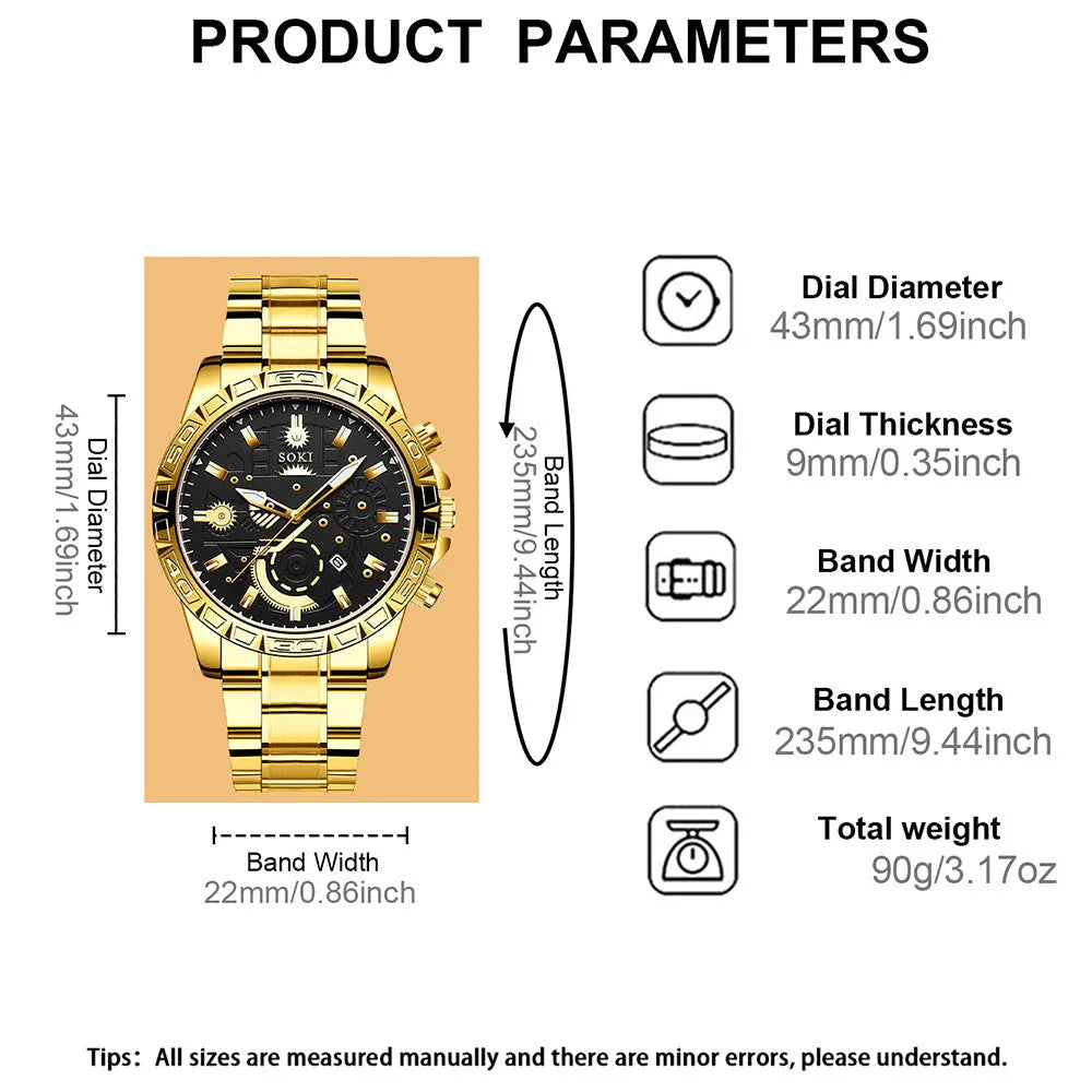 Men's gold-coloured stainless steel business quartz watch showing date window on dial.
