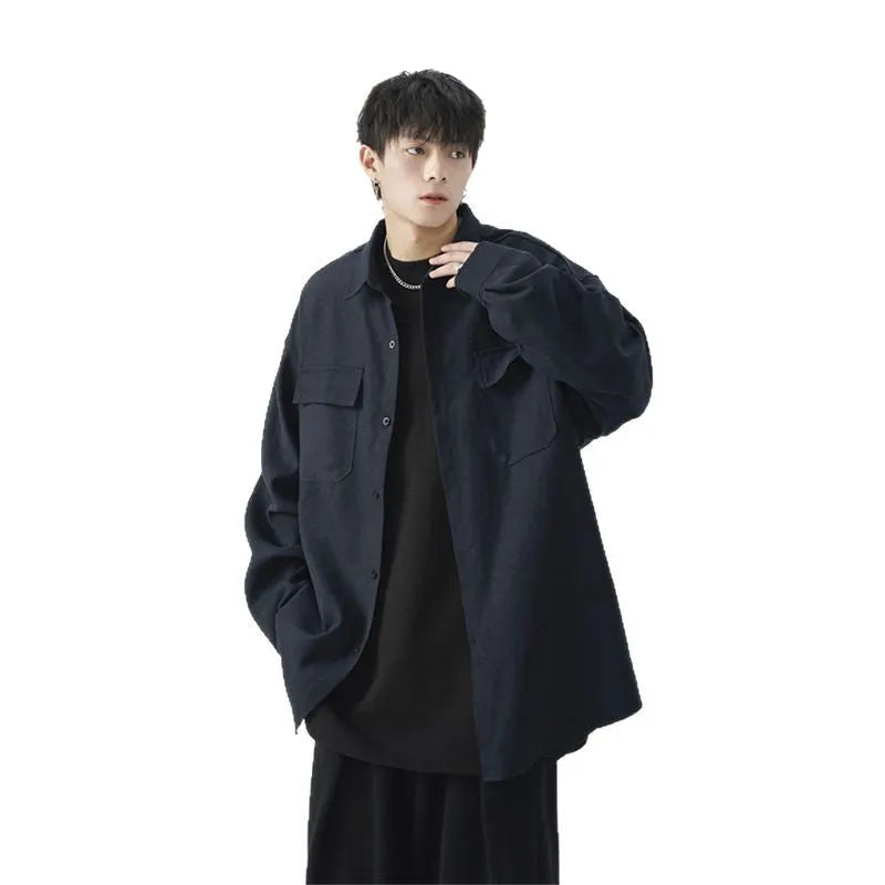 Men's loose large size casual work shirt jacket in black, polyester blend, long sleeves, regular length