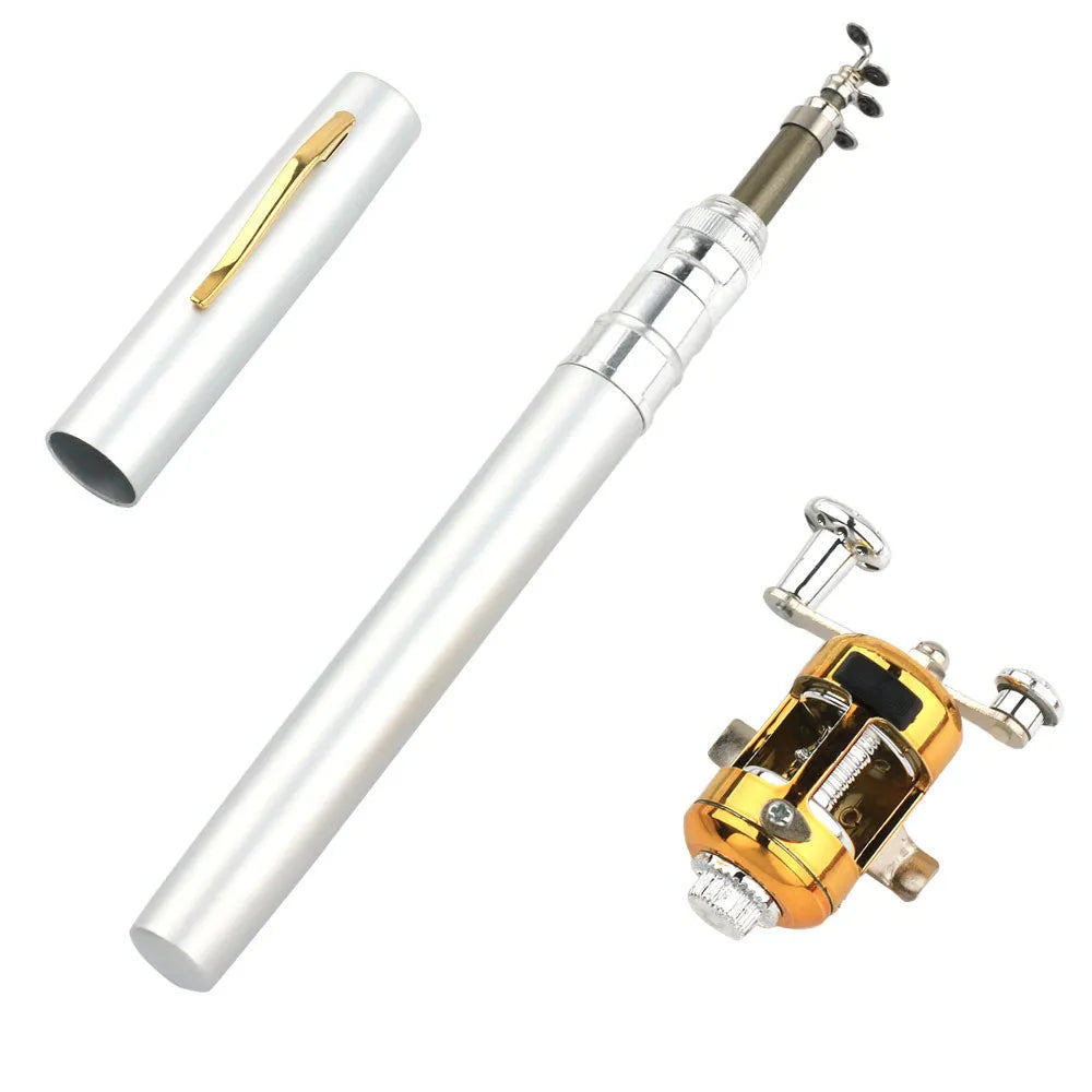 Collapsed and extended view of a gold portable telescopic pocket fishing rod kit with drum.