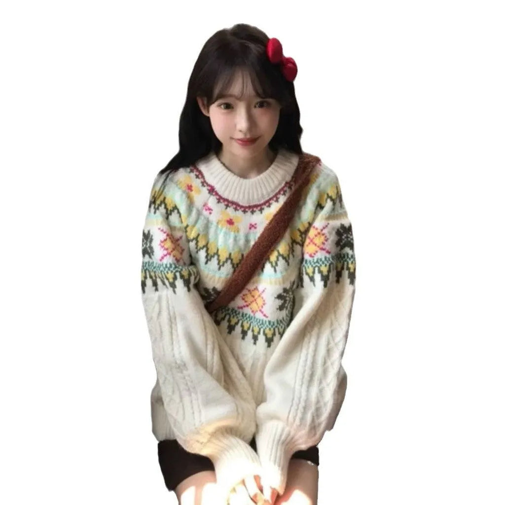 Women's milky white lantern sleeve mori knitwear pullover sweater on hanger