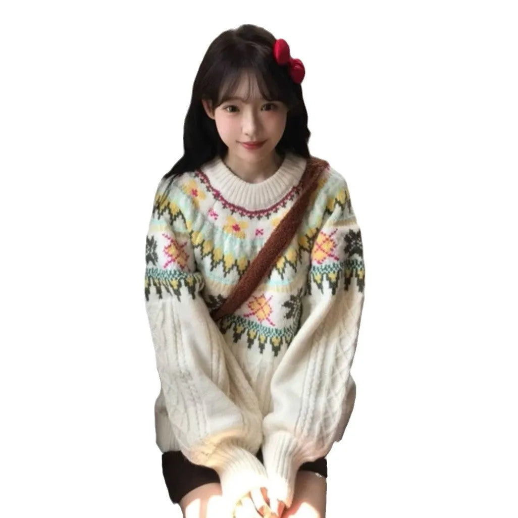 Women's milky white lantern sleeve mori knitwear pullover sweater on hanger