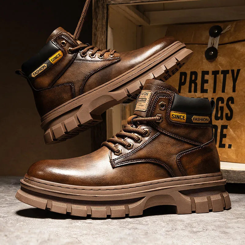 Men's brown artificial PU leather Martin boots with front laces, round toe, and mid-calf height on a rubber sole.
